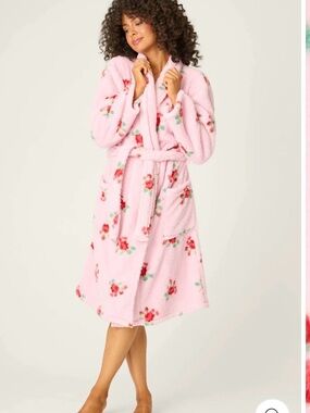 PJ Salvage Pink Floral Plush Robe with Belted Waist Small